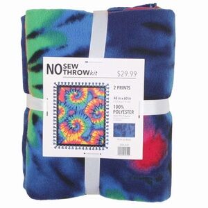 Rainbow Tie Dye Swirl on Blue No Sew Fleece Blanket 48 inches wide